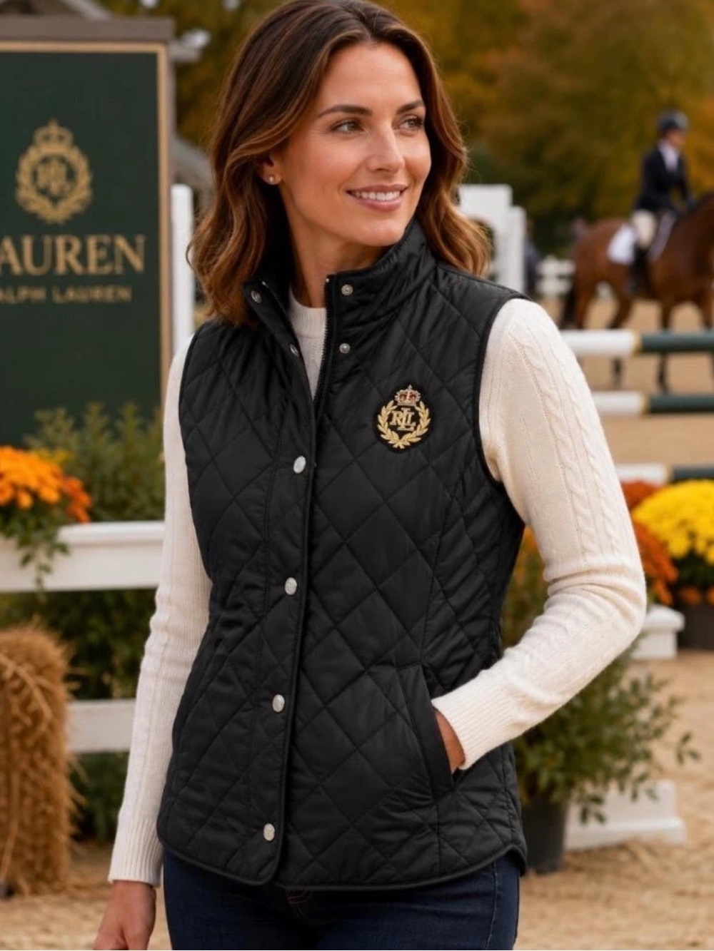 Lauren Ralph Lauren Quilted Vest Women's Medium Black Crest Logo Snap Front NEW